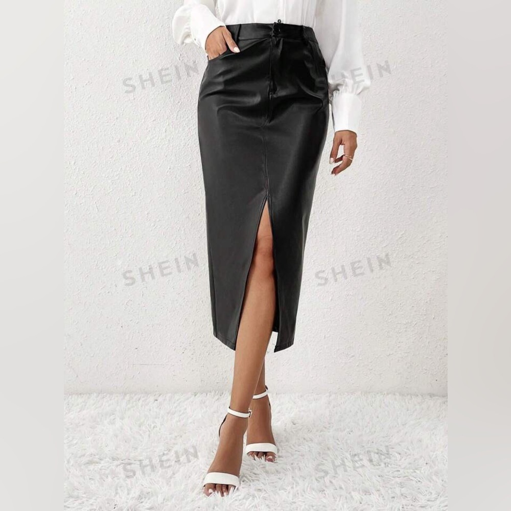 SHEIN Clasi Women'S High Slit Pu Leather Skirt - MEDIUM